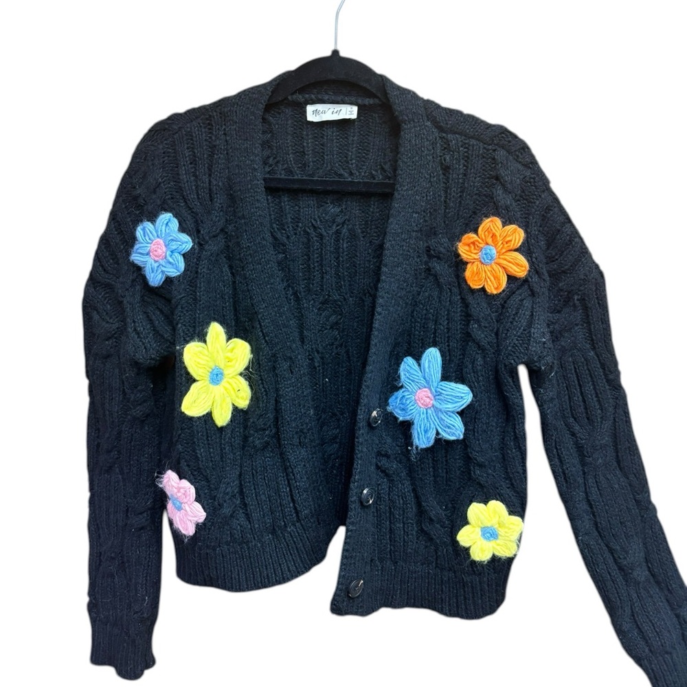 Black Cable Knit Cardigan with Colorful Floral Appliqués